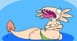  albino axolotl breasts chubby female open_mouth solo tongue tongue_out topless white_eyes 