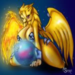  2014 anthro avian ball beak big_breasts bird breasts female fire fur hair huge_breasts kneeling long_hair looking_at_viewer phena phoenix solo suirano wings yellow_fur 