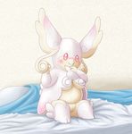  audino bed bed_sheet big_ears blush breasts female humanoid inside looking_at_viewer mega_audino mega_evolution nintendo nude ole on_bed pok&eacute;mon pussy simple_background sitting smile solo video_games 