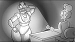 2014 animatronic anthro bib chica_(fnaf) duo female five_nights_at_freddy&#039;s human jaeh jeremy_fitzgerald_(fnaf) machine male mammal mechanical nightmare_fuel robot scared scary thick_thighs wide_hips 