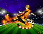  2014 anthro ball blonde_hair blue_eyes eliana-asato feline fire football hair male mammal night short_hair sky soccer solo stadium star tiger 