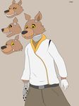  animatronic anthro canine clothed clothing fox jacket machine male mammal mechanical robot serious smile solo thony_dog yellow_eyes 
