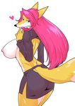  &lt;3 anthro big_breasts big_butt blue_eyes blush breasts butt canine clothed clothing female fox hair huge_breasts kazuhiro kemono long_hair looking_at_viewer looking_back mammal nipples partially_clothed pink_hair plain_background skimpy skirt solo tight_clothing カズヒロ 