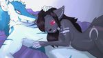  affection anthro bed black_hair blue_markings cainethelongshot canine cuddling duo female fur glowing glowing_eyes hair kurt male mammal markings maxine_stormbane pregnant red_eye sergal silver_fur white_fur wolf 