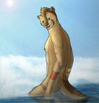  anthro bask cute male mammal mustelid nude open_mouth otter rear_view smile solo water wet 