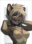  2014 anthro areola breasts brown_fur collar digital_media_(artwork) ear_piercing falla fangs feline female fur half-length_portrait looking_at_viewer mammal melloque nipples nude piercing polka_dots_background purple_eyes sabertooth smile smilodon solo spade tan_fur tan_hair toned 