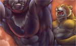  abs biceps big_muscles black_panther bomb_(artist) duo fangs feline gay green_eyes leopard male mammal muscles open_mouth panther pecs pink_nose sex teeth tiger toned tongue 