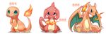  2010 ambiguous_gender blue_eyes blush charizard charmander charmeleon claws cute dragon fire fire_breathing green_eyes group looking_at_viewer nintendo open_mouth orange_body plain_background pok&eacute;mon red_body scalie sirairo116 text video_games white_background wings 