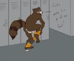  after_sex anthro anus balls brown_fur butt clothed clothing cum cum_from_ass cum_in_ass cum_inside dialogue english_text fur guardians_of_the_galaxy half-dressed locker_room male mammal pants pants_down penis raccoon rear_view ringed_tail rocket_raccoon skunkjunkie solo standing text topless undressing whiskers 
