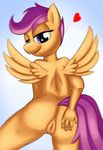  &lt;3 abstract_background anthro anus bedroom_eyes burgerkiss clitoris equine feathers female friendship_is_magic fur hair hooves looking_at_viewer looking_back mammal my_little_pony older orange_fur pegasus presenting purple_eyes purple_hair pussy rear_view scootaloo_(mlp) smile solo standing wings 