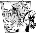  black_and_white blazblue breasts cat comic dialogue duo english_text faceless_male feline female hood humanoid male mammal monochrome nipples penis solo_focus straight taokaka text 