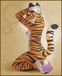  2014 anthro arms_behind_head aseethe back barefoot breasts butt eyes_closed feline female fur kneeling mammal markings nipples nude pawpads paws pose raised_arm shadow shiny side_boob sitting solo spread_legs spreading stripes tiger toes 