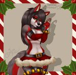  2014 anthro bell black_hair candy_cane canine christmas clothed clothing female fur gloves hair half-dressed holidays long_hair mammal popcornpanic skimpy skirt solo topless wolf yellow_eyes 