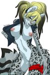  anthro black_fur blonde_hair bottomless breasts brown_hair clothed clothing ear_piercing feline female fur grey_fur hair half-dressed leopard looking_at_viewer mammal nipples one_eye_closed open_shirt partially_clothed piercing pink_nose satsukii shirt skimpy smile snow_leopard solo yuliana 