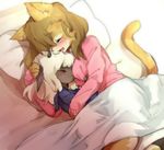  bed blush brown_hair cat duo eyes_closed feline female hair kemono lesbian mammal sleep_together sleeping white_hair すうりん 