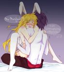 adventure_time black_hair blonde_hair breasts cartoon_network clothed clothing duo english_text eyes_closed fake_ears female fionna_the_human hair half-dressed human legwear male mammal marshall_lee nipples open_mouth sex source_request stockings straight sweat teeth text tokiko tongue vampire 