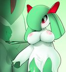  2014 3_fingers anthro balls big_breasts big_nipples big_penis blush bouncing_breasts breast_wobble breasts cum cum_on_leg duo female gallade green_hair hair hand_behind_back hi_res huge_breasts humanoid kirlia large_areolas legs_together male nintendo nipples partially_retracted_foreskin penis pink_nipples plantpenetrator pok&eacute;mon precum red_eyes simple_background size_difference standing straight thick_thighs touching_penis uncut undressing video_games voluptuous wide_hips 