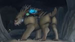  2014 alien anus black_skin brown_skin butt cave claws daisy_(evolve) evalion evolve female forest gear glowing looking_back monster night outside presenting pussy shaded solo spikes teeth tongue tongue_out trapjaw tree video_games watermark yellow_eyes 