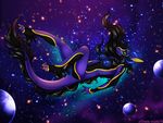  2014 anthro black_hair blue_nipples breasts dragon eliana-asato falling female glowing glowing_nipples green_eyes hair horn long_hair nipples nude planet purple_skin solo space spacescape star tyre yellow_claws 