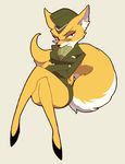  anthro canine crossed_legs eyewear female fox glasses hat looking_at_viewer lt._fox_vixen mammal military_uniform solo source_request squirrel_and_hedgehog uniform unknown_artist 