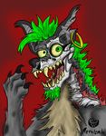  2014 anthro bone bust_portrait canine creepy fangs fur green_hair grey_fur hair hyena male mammal metalsmile nightmare_fuel open_mouth piercing portrait scary shaded skull smile solo teeth tongue wounded yellow_eyes 