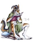  2014 annoying_watermark anthro book canine claws clothed clothing fur horn male mammal palelady reading red_wolf scholar solo turgius watermark were werewolf wolf 