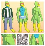  abs anthro anti_dev avian back balls beak biceps bird blue_body blue_eyes bulge butt chest_tuft claws clothed clothing falcon feathers flaccid fur green_body half-dressed humanoid_penis jacket male model_sheet muscles nipples nude pants pecs penis pose shirt smile solo sparkx talons toe_claws toned topless tuft underwear 