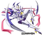  armor bandai dianamon digimon english_text female gloves helmet high_heels looking_at_viewer mask red_eyes solo text 