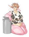  big_breasts blue_eyes bottomless bovine breasts brown_hair cattle clothed clothing doris drakthug ear_piercing facial_piercing female gem hair half-dressed horn looking_at_viewer mammal multi_breast nose_piercing nose_ring obese overweight piercing solo thick_thighs 