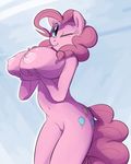  2014 anthro anthrofied big_breasts breasts cutie_mark dotkwa earth_pony equine female friendship_is_magic hair horse huge_breasts looking_at_viewer mammal my_little_pony navel nipples nude one_eye_closed pinkie_pie_(mlp) pony pussy smile solo 