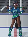  annie arena beaver bottomless brian_mcpherson brown_hair buckteeth clothed clothing female hair half-dressed hockey hockey_stick ice jersey looking_at_viewer mammal pigtails purple_eyes pussy rodent skates solo standing vancouver_canucks 