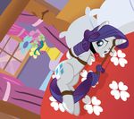  2014 ball_gag bdsm bed blue_eyes bondage bound curtains cutie_mark equine female feral flower friendship_is_magic gag hair horn inside looking_at_viewer lying mammal my_little_pony on_bed pillow plant purple_hair radiantrealm rarity_(mlp) rope_bondage solo unicorn vase 