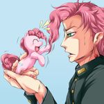  2013 clothed clothing crossover cute cutie_mark duo earth_pony equine eyes_closed female feral friendship_is_magic fur green_eyes hair horse human jojo&#039;s_bizarre_adventure male mammal my_little_pony noriaki_kakyoin oinari open_mouth pink_fur pink_hair pinkie_pie_(mlp) plain_background pony smile sweat 