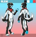  2014 alexicivitas anthro border_collie butt canine dog fur hair looking_at_viewer male mammal model_sheet nude open_mouth paws pose scarf smile solo tongue tongue_out vallhund 