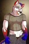  abs anthro biceps black_nose blue_eyes blue_fur blue_hair canine clothing fangs fcsimba fishnet fox fur grey_fur grin hair male mammal muscles open_mouth pants pecs pose red_fur red_hair shirt smile solo standing teeth tongue underwear white_fur 