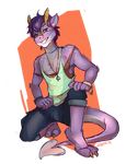 2014 anthro arcticorange claws clothing dragon hair horn jewelry khris_dragon looking_at_viewer male necklace pose ring scalie shirt shorts simple_background smile solo tank_top thick_tail 