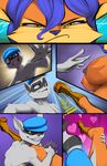  &lt;3 2014 anthro blue_hair breasts canine carmelita_fox comic duo female forced fox hair hat kick leg_grab male mammal nipples open_mouth orange_eyes raccoon sly_cooper sly_cooper_(series) thefuckingdevil 