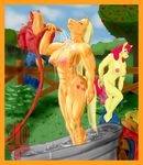  2014 anthro apple_bloom_(mlp) applejack_(mlp) areola bath big_breasts big_macintosh_(mlp) breasts earth_pony equine erect_nipples female friendship_is_magic horse male mammal mortis_kull muscles muscular_female my_little_pony nipples nude pony pussy undressing water 