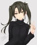  bangs black_sweater brown_hair casual closed_mouth commentary_request dated eyebrows_visible_through_hair grey_background hair_ribbon hand_up kantai_collection long_hair ribbed_sweater ribbon rokuwata_tomoe sidelocks signature simple_background smile solo sweater turtleneck turtleneck_sweater twintails twitter_username upper_body w white_ribbon zuikaku_(kantai_collection) 