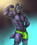  abs anthro armpit_hair biceps black_hair black_nipples black_nose blue_eyes body_hair bodybuilder briefs bulge canine chest_tuft clothed clothing cyan_eyes fangs flexing front_view fur gloves_(marking) gradient_background grey_fur grin hair half-dressed happy_trail hyena lip_ring looking_at_viewer male mammal markings muscles nipple_piercing nipples pecs piercing pose pubes purple_fur purple_hair smile snakebites solo standing stripes teeth toned topless tuft underwear vallhund 