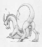  &lt;3 2014 anus balls butt discord_(mlp) draconequus ecmajor erection friendship_is_magic horn looking_at_viewer looking_back male monochrome my_little_pony penis pillow plain_background precum presenting presenting_hindquarters raised_tail solo white_background wings 