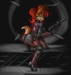  anthro blue_eyes boots breasts butt catsuit cheek_tuft clothed clothing female gun hair headset knife looking_at_viewer mammal pistol pussy ranged_weapon red_hair rodent rubber s-nina sally_acorn sega silencer solo sonic_(series) squirrel tight_clothing weapon 