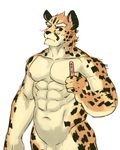  abs ainro anthro biceps big_muscles black_eyes black_fur black_nose blush body_markings brown_fur feline fur leopard looking_at_viewer male mammal markings muscles nipples nude pecs plain_background pose solo spots standing toned white_background white_fur 