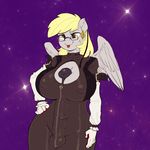  2014 animal_genitalia anthro anthrofied big_breasts blonde_hair breasts bulge camel_tail cleavage_cutout clothed clothing colored derpy_hooves_(mlp) dickgirl equine eyewear friendship_is_magic fur glasses grey_fur hair horsecock huge_breasts intersex kevinsano mammal my_little_pony nipple_bulge pegasus penis plain_background self_titfuck skinsuit smile solo tongue tongue_out white_background wings yellow_eyes 