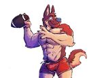  abs anthro biceps big_muscles blue_nose brown_fur bulge canine claws clothed clothing dog football fur german_shepherd green_eyes grin half-dressed kumu male mammal muscles nipples omfgitsmiller pawpads paws pecs plain_background pose shorts smile solo standing sweat tan_fur toned topless white_background 