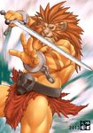  bomb_(artist) bulge fangs feline leo_(red_earth) lion male mammal mane red_earth solo sword toned weapon 