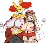  anthro being_watched big_breasts black_fur blush breasts canine chubby clothing delphox duo_focus female fishnet fox fur group human lingerie mammal nintendo pasties plain_background pok&eacute;mon pubes pussy teddy_jack video_games white_background 