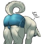  anthro bent_over biceps bin_(artist) blue_eyes bulge butt canine clothed clothing dog fur grey_fur half-dressed male mammal muscles pecs plain_background pose shorts solo standing toned topless white_background 