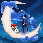  2014 blue_eyes blue_hair brown_eyes brown_hair cloud crescent_moon crown duo durag equine eye_patch eyeshadow eyewear female friendship_is_magic hair horn makeup male mammal moon my_little_pony necklace princess_luna_(mlp) skull sparkles star swanlullaby winged_unicorn wings young 
