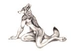  2014 anthro black_nose canine claws ears_back fur inviting jackal kenket licking looking_at_viewer male mammal monochrome nude paws pose sheath smile solo tongue tongue_out 